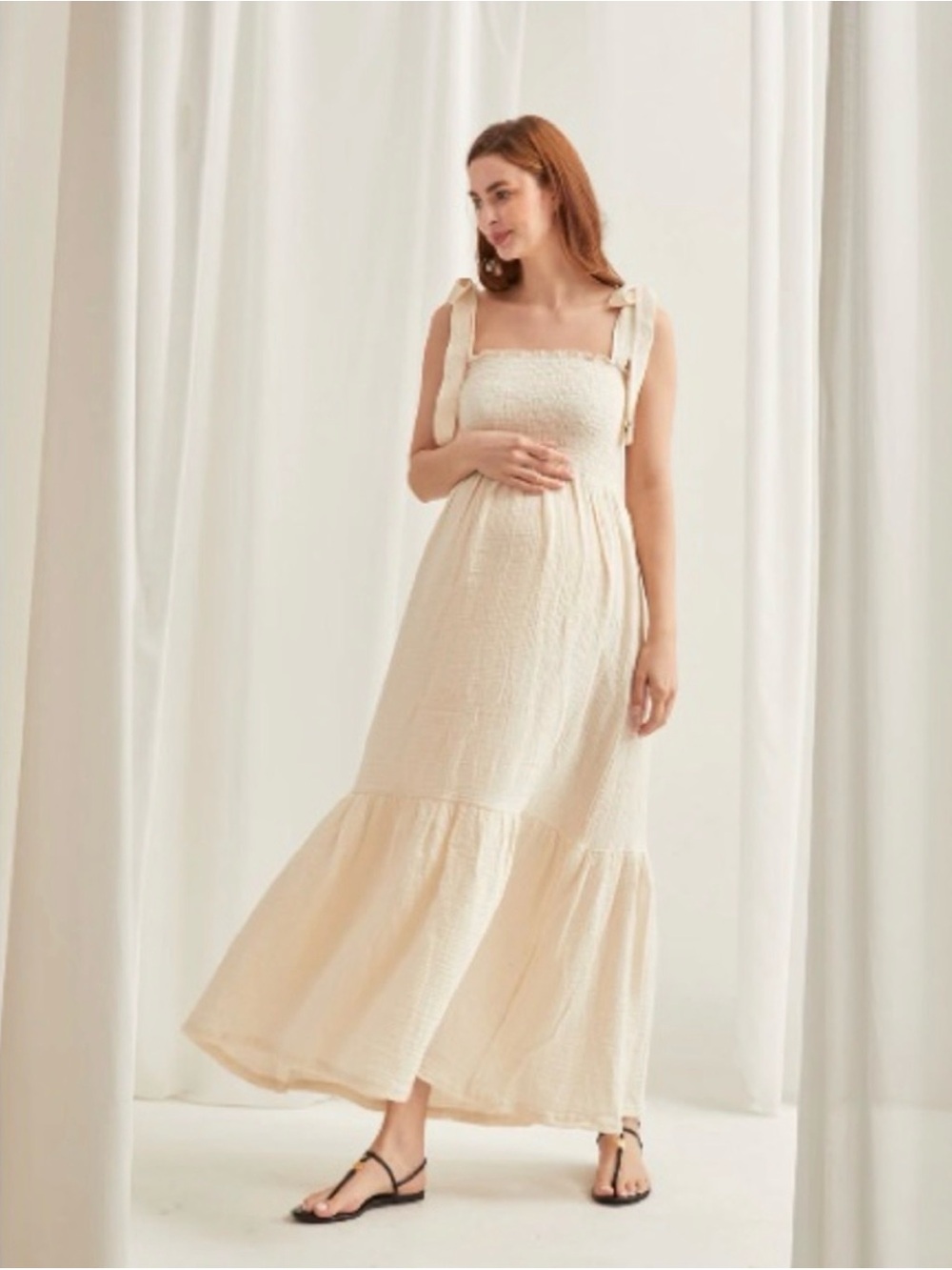 NOTHING FITS BUT Momoka Maternity gauze cotton smocked Eggshell tie midi maxi